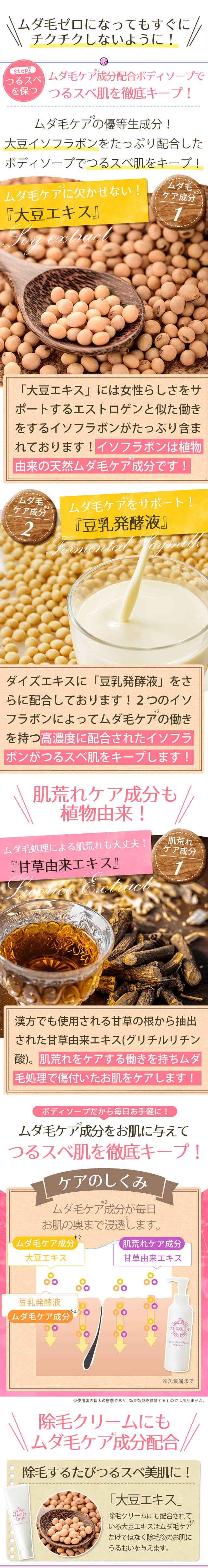 ムダ毛ケア成分配合ボディソープでつるスベ肌を徹底キープ!