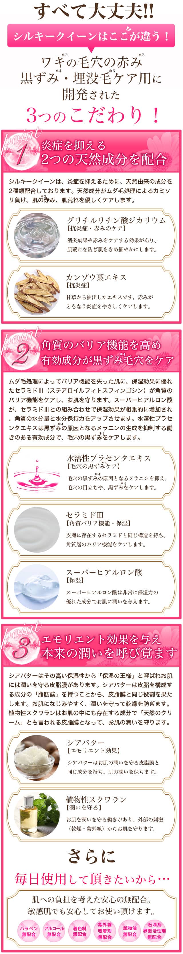 ワキの毛穴の赤み・黒ずみ・埋没毛用に開発された3つのこだわり!