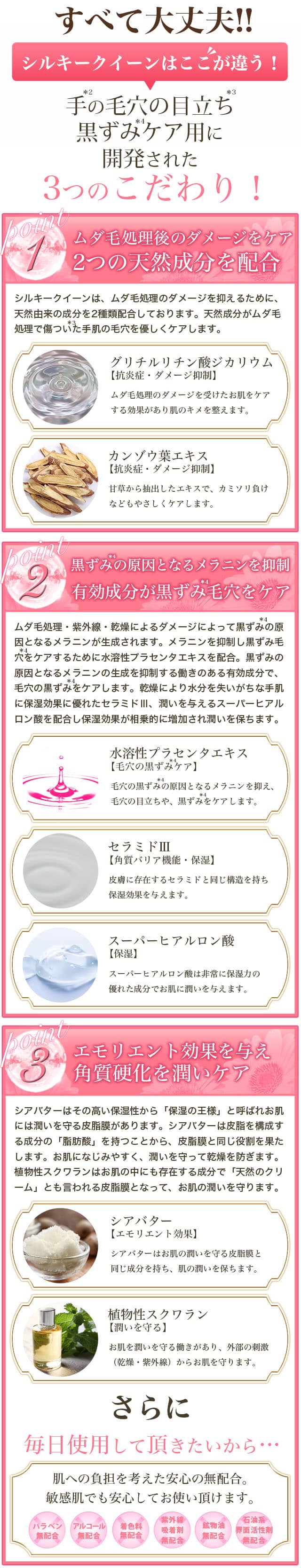 手の毛穴の目立ち・黒ずみケア用に開発された3つのこだわり!