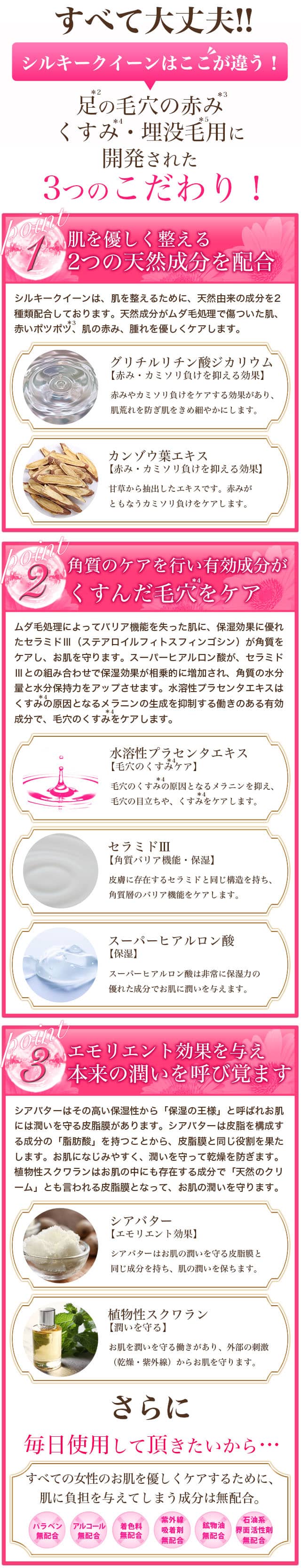 足の毛穴の赤み・黒ずみ・埋没毛用に開発された3つのこだわり!